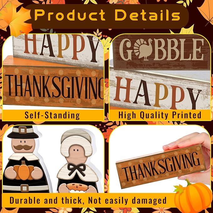 Lineshading 4 Pcs Thanksgiving Pilgrim Decor Wooden Block Signs Tray Set | Rustic Couple Figurines with Gobble Happy Signs, Farmhouse Centerpiece for Kitchen Table, Fall Tiered Display