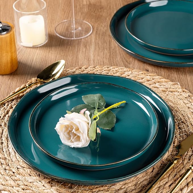 AmorArc Dinnerware Sets for 4, 12 Pieces Ceramic Plates and Bowls Set | Scratch Resistant Stoneware Dishes Set, Dishwasher & Microwave Safe,Deep Green