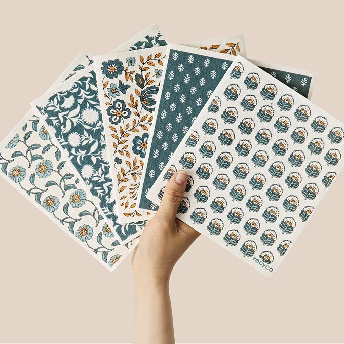 RECYCO Swedish Dishcloths for Kitchen | 5 Pack Indigo Petals Washable Dish Rags | Cellulose Reusable Cleaning Paper Towels | Absorbent Counter Dish Cloth Sponge Kitchen Wipes, 8" L x 7" W