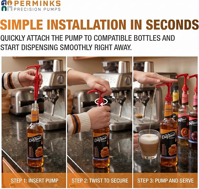 Syrup Pump, Compatible with 750ml Torani, Davinci & Skinny, 2-Pack, Red | Leak-free, 1/4oz precision pump with locking nozzle. Great for coffee bar accessories, dirty soda stations & dessert sauces