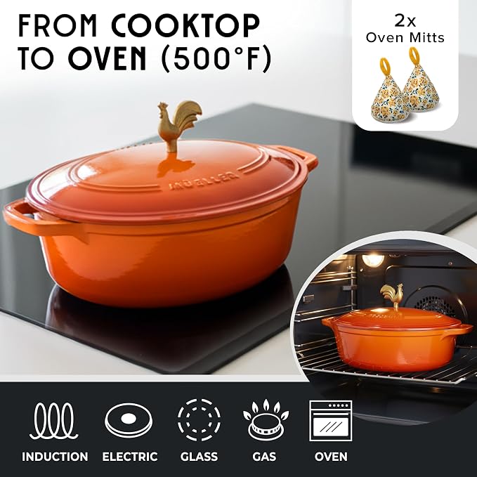 MUELLER HOME 5.5 Quart Enameled Cast Iron Oval Dutch Oven w Rooster Knob & Cotton Potholders, Heavy-Duty Cookware, Oven-Safe up to 500° F & Across All Cooktops, Gifts for Grandma & Women, Orange | Rooster Knob, Cotton Potholders Included, Heavy-Duty Co...