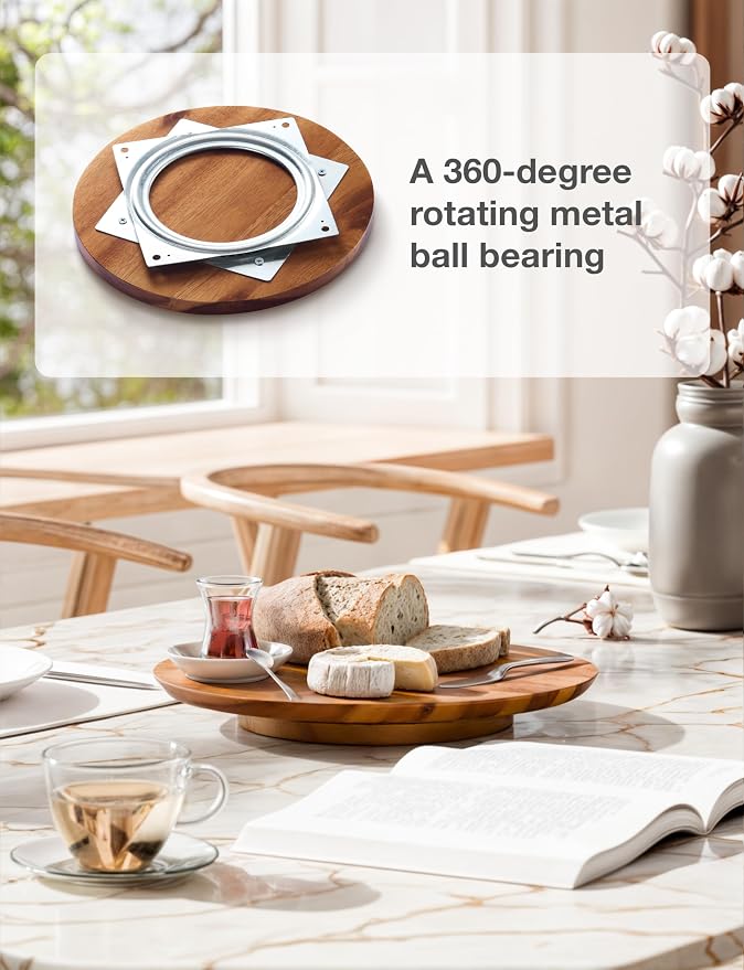 TIDITA 10" Wooden Lazy Susan Organizer for Cabinet, 360° Rotation, No Rim | Solid Acacia Wood, Non-Skid Pads, Swivel Round Lazy Susans Turntable for Countertop, Decorative Tray, Cheese Board, Multi-Use