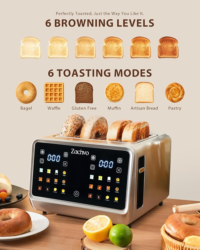 4 Slice Smart Toaster with Dual Independent Controls for Family Breakfast | Touchscreen, 1.5" Extra-Wide Slots, 6 Bread Modes, 6 Shade Levels, One-Sided Bagel Toasting, Defrost, Reheat, Stainless Steel