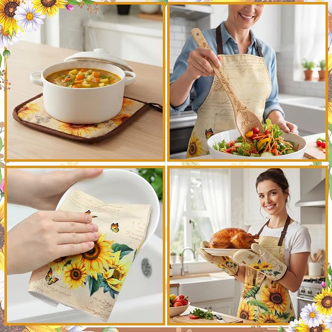 Bencailor 13 Pcs Sunflower Kitchen Set Retro Yellow Farmhouse Kitchen Decor Rustic Sunflower Dish Towels Retro Yellow Apron Oven Mitts and Pot Holders with Cute Wooden Tableware Set for Home