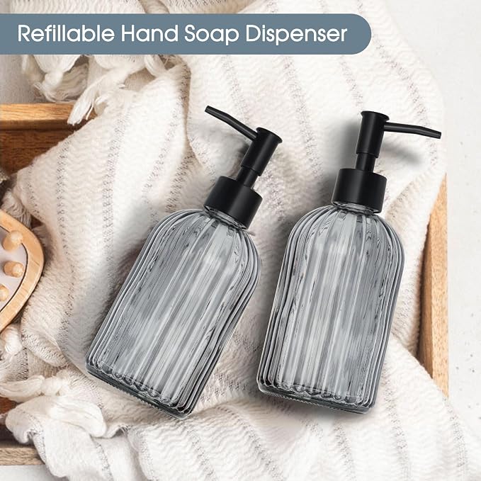 Topsky Glass Soap Dispenser with Plastic Pump, 400ml Liquid Hand Soap Dispenser, Rustproof Pump for Kitchen & Bathroom, Great for Lotions, Essential Oil, Liquid Soaps,Gray