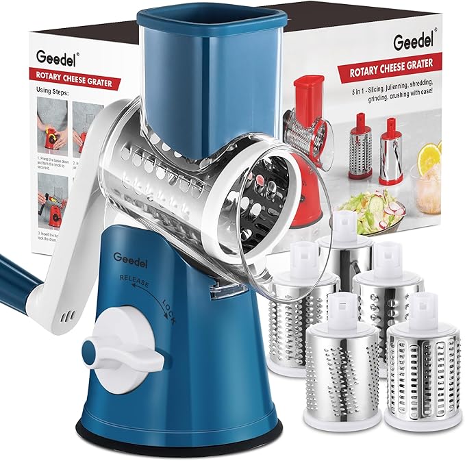 Geedel Rotary Cheese Grater Hand Crank, Cheese Shredder Vegetable Slicer | 5 Blades, 430 Stainless Steel, 12x Fast Cutting, Strong Suction Base, No BPA, Dishwasher Safe, for Cheese, Veggie, Nut