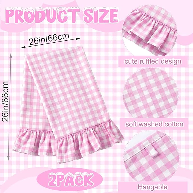HunnmingRe 2 Pcs Hot Pink Gingham Kitchen Towels Cotton Ruffled | Checked Dish Towels 18"x28" Tea Cloths Plaid Cottage Core Kitchen Decor for Farmhouse Charm Drying Dishes Entertaining Guests