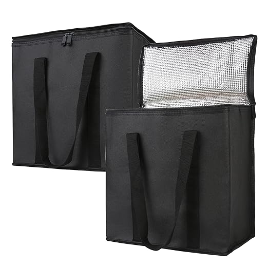 Bodaon 2-Pack Insulated Reusable Grocery Shopping Bags, Medium, Black, | Picnic Cooler Bag with Zippered Top Cold, Insulated Food Delivery Bag for Commercial Rideshare, Collapsible Tote Bags, Picnic