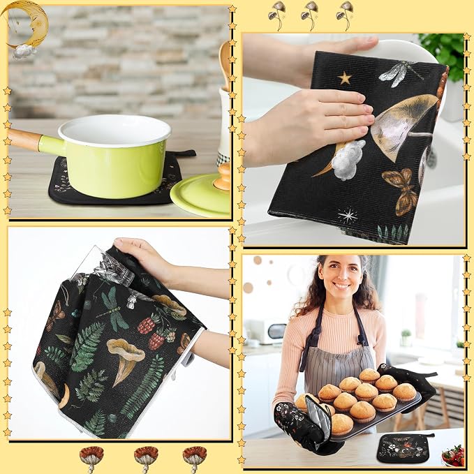 Fourluoo 10 Pcs Kitchen Dish Towels Rugs Oven Mitts and Pot Holders Set Farmhouse Kitchen Decor Set for Women Mom Daughter Gift Cooking Baking Grilling(Rustic Color,Rustic Bohemia)
