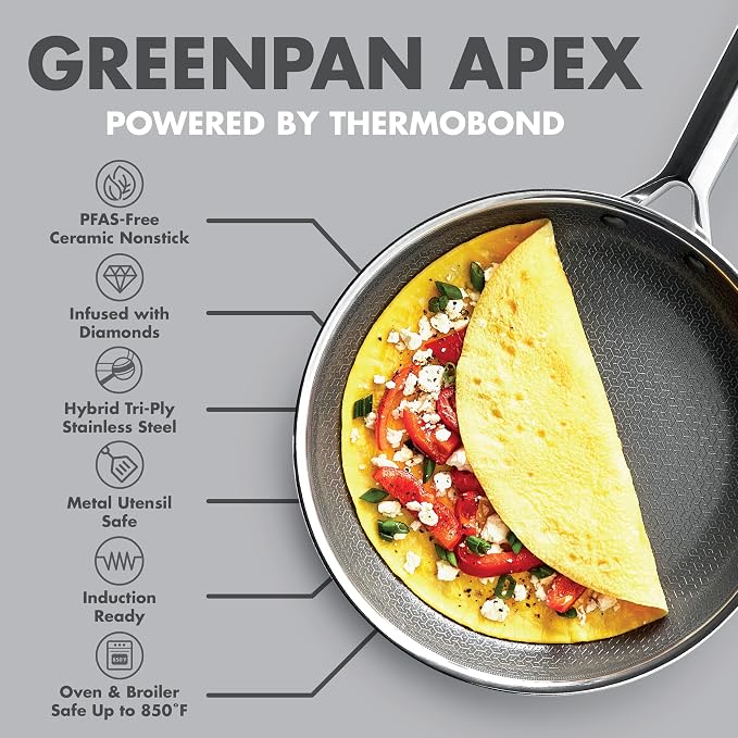 GreenPan Hybrid APEX 12" Stainless Steel Frying Pan Skillet with Lid | APEX Tri-Ply Pan, PFAS-Free Thermobond Nonstick, Induction & All Cooktop Compatible, Dishwasher & Oven Safe to 850F, Silver