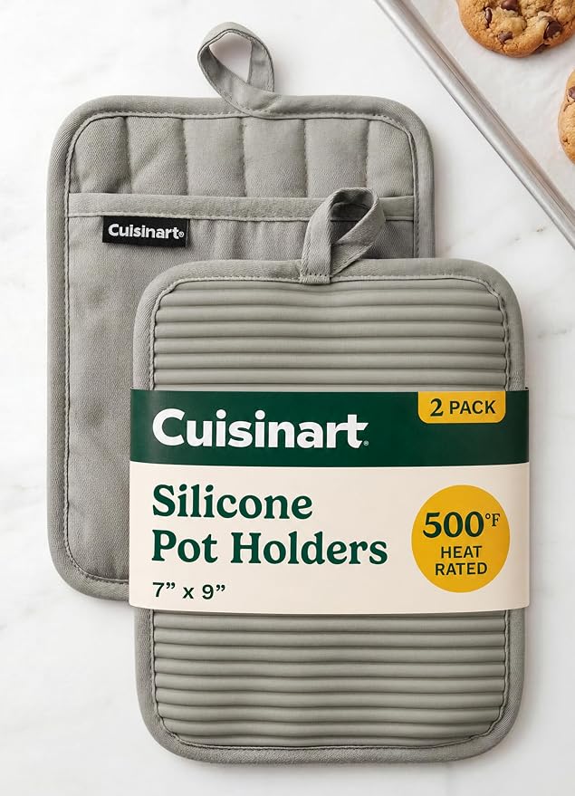 Cuisinart Silicone Pot Holders, Set of 2 7"x9", Heat Resistant 500F | Non-slip grip back is waterproof, hand pocket for secure hold, doubles as a trivet, wipe clean, hanging loop