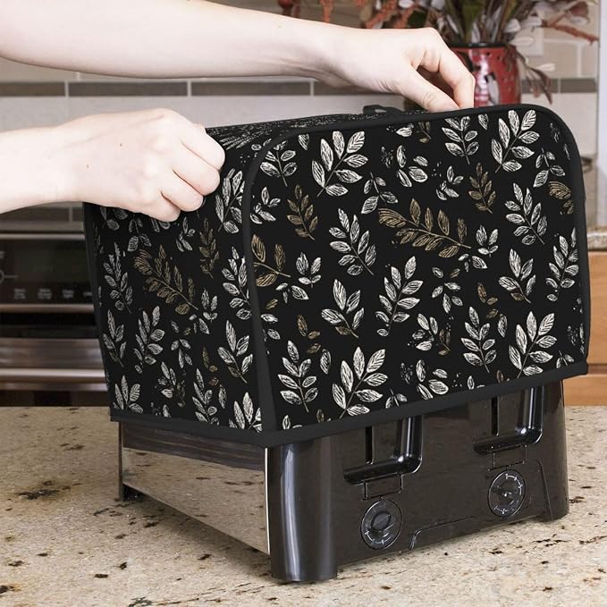 2 Slice Toaster Cover Boho Black Leaf Pattern Dust Proof Washable Kitchen Appliance Cover with Pocket, Oxford Fabric Countertop Toaster Protector for Standard Toasters Small Appliances