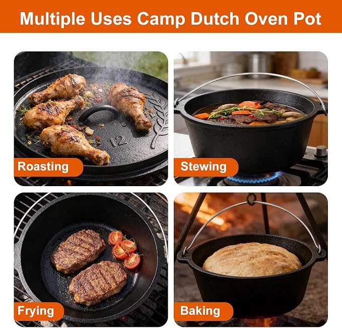 Pre-Seasoned 8QT Large Cast Iron Camping Dutch Oven Pot with Lid | Heavy- Duty Camping Cookware incl. Lid Lifter - Dual Handles - for Outdoor Campfire, Grill, Oven & Stovetop Cooking Black