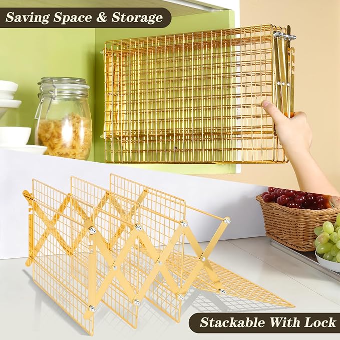 Pleafind 4 Tier Gold Collapsible Cooling Rack - 3 Setting Design, Adjustable ＆ Stackable Baking Rack, 5 Modes Cooling Racks for Cooking and Baking, Roasting ＆ Grilling Gifts for Picnic Party