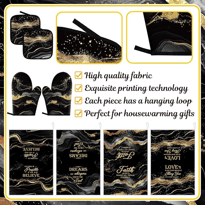 Leinuosen 8 Pcs Black and Gold Marble Kitchen Towels and Dishcloths Sets Oven Mitts and Pot Holders Absorbent Kitchen Gloves Potholders Heat Resistant for Chef Baking Cooking