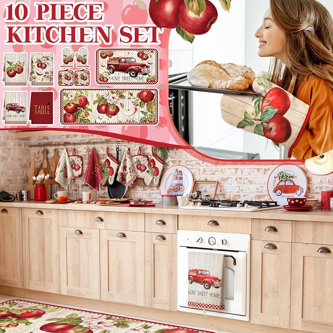 Fourluoo 10 Pcs Apple Farmhouse Kitchen Decor Set Dish Towels Kitchen Rugs Oven Mitts and Pot Holders Set for Cooking Baking Grilling Women Mom Daughter Gift (Fruit Color)