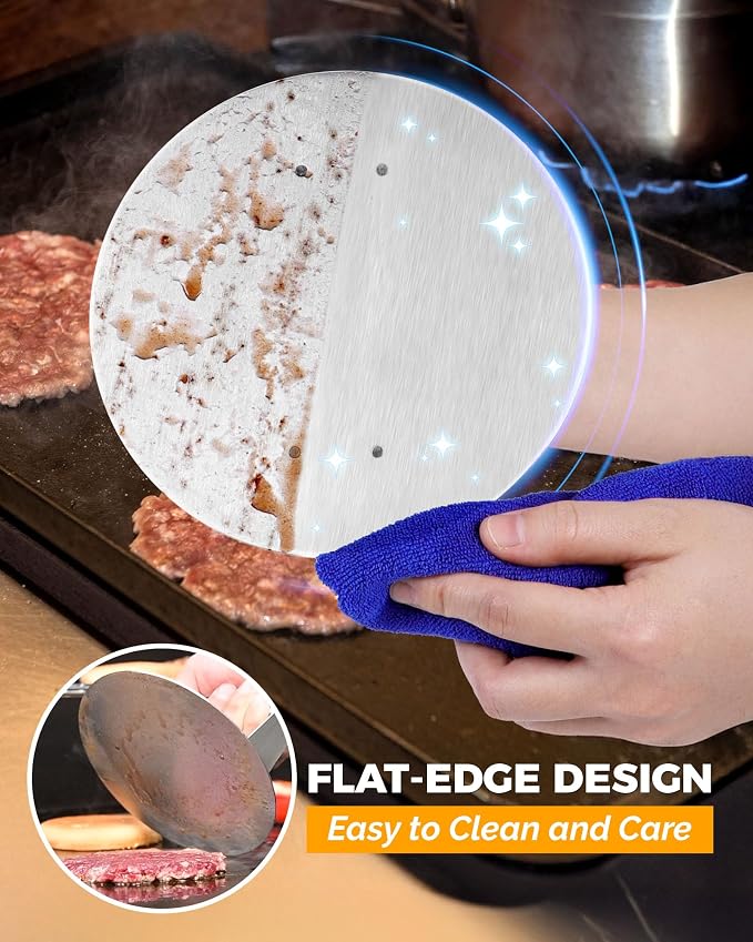 HULISEN Stainless Steel Burger Press, 6.2-Inch Round Burger Smasher | Flat Edge, Heat-Resistant Wooden Handle, Even Pressure for Thin Patties, Griddle Accessories Fit Flat Top Griddles & Skillets