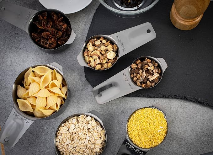 7-Piece 18/8 Stainless Steel Measuring Cups Set, Dark Gray | Includes 1/16, 1/4, 1/3, 1/2, 2/3, 3/4 and 1 Cup, Engraved US and Metric Markings, Pour Spouts and Ring Connector