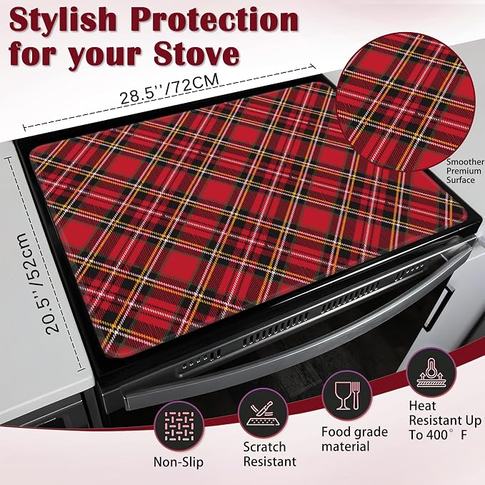 Red Black Plaids Stove Top Cover Glass Cooktop Heat Resistant Cover,Retro Christmas Plaid Ceramic Stove Top Covers Mat Prevents Scratching Stoves/Counter/Washer Protector,28x20 in