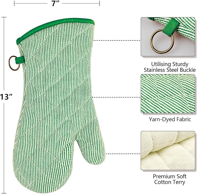 Yarn Dyed Oven Mitts 1 Pair, 100% Cotton Heat Resistant 470 Degree | Oven Gloves for Men Women Cooking Baking Barbecue BBQ Microwave Crafting Machine Washable Pot Holders Mittens (Green 2)