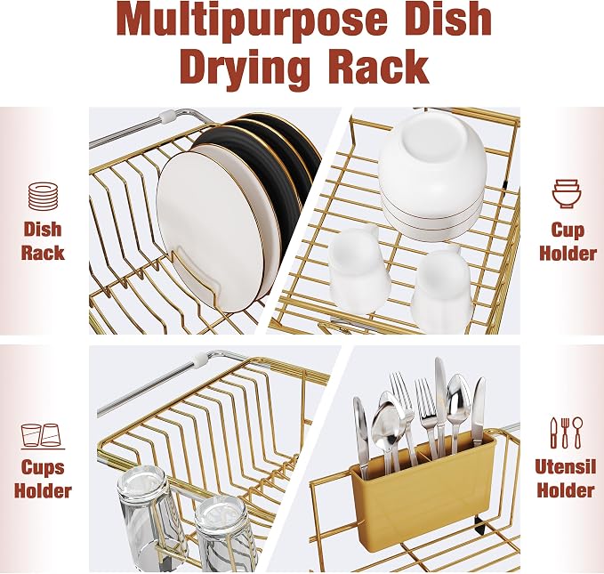 JASIWAY Gold Dish Drying Rack in Sink with Mat, Cups and Utensil Holder | Use Over the Sink or Counter, Stainless Steel Expandable Dish Drainer for Small Kitchen, Space Saving, Fast Drain, Rustproof