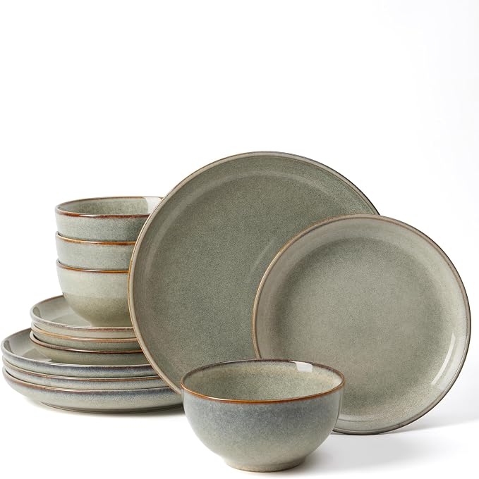 Stoneware Dinnerware Sets Service for 4, 12 pcs Reactive Glaze Plates and Bowls Sets, Handmade Ceramic Dish Set, Highly Chip and Crack Resistant Modern Plate Set, Green Wheat