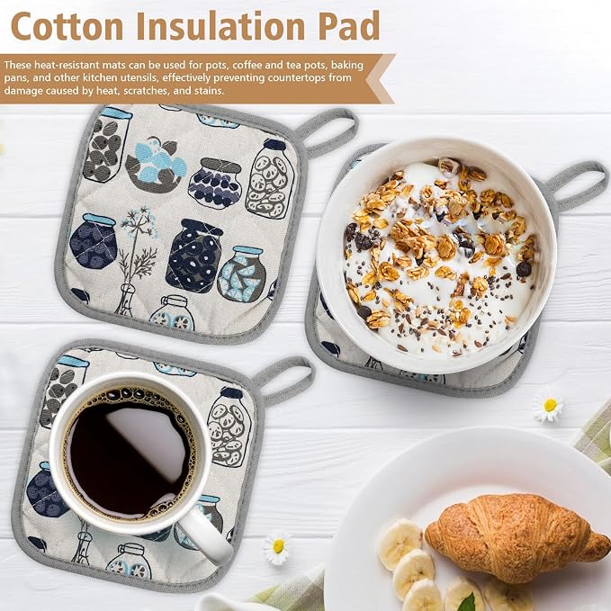6-Pack Pot Holders for Kitchen, Quilted Hot Pads with Hanging Loop – Jar & Herb Pattern Heat Resistant Pot Holders for Hot Dishes, Pans & Oven Use(Grey)