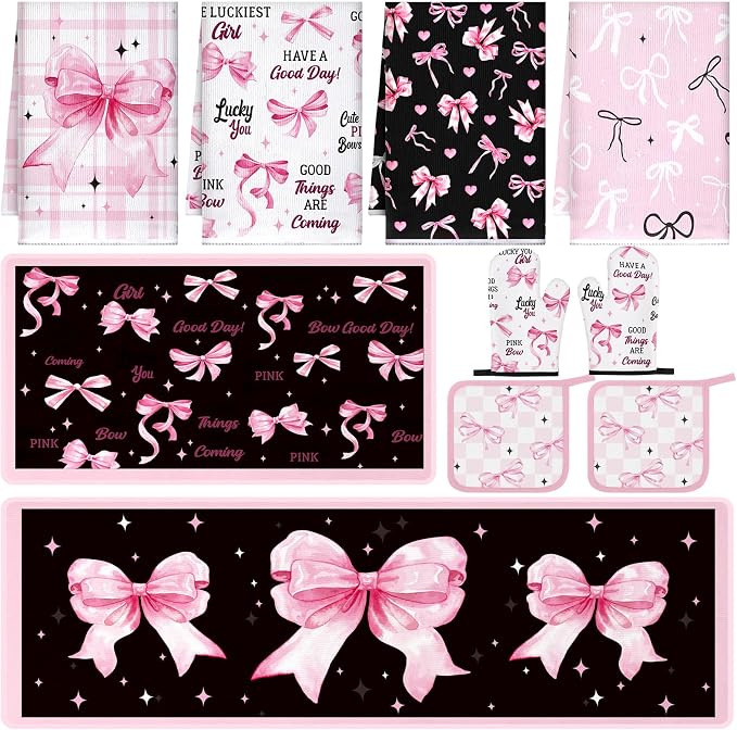 Fourluoo 10 Pcs Bow Kitchen Dish Towels Rugs Oven Mitts and Pot Holders Set Farmhouse Kitchen Decor Set for Women Mom Daughter Gift Cooking Baking Grilling(Black, Pink)