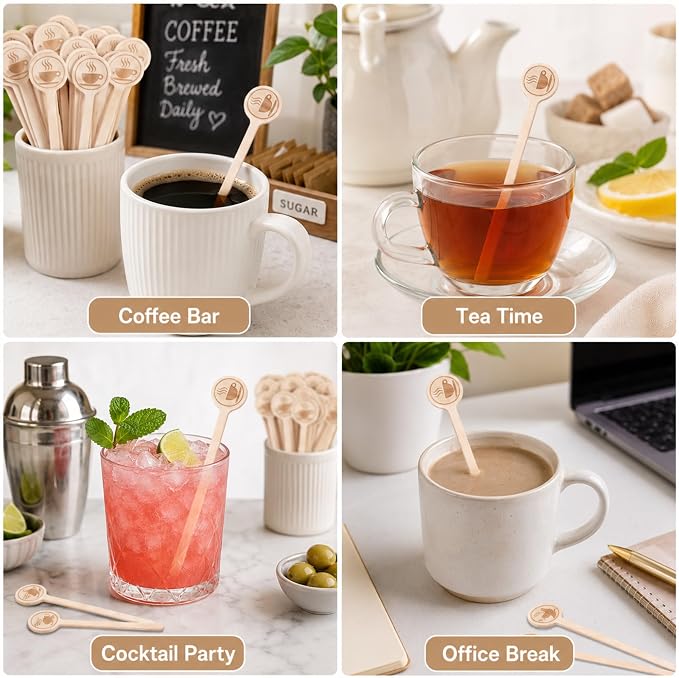 100Pcs Coffee Stirrers-5.9 Inch Natural Wooden Stir Sticks with Round Ends, Disposable Biodegradable Cafe Grade Coffee Stir Sticks Wood Beverage Mixer for Coffee Cocktails Milk Tea | Natural disposable biodegradable cafe grade coffee stir sticks