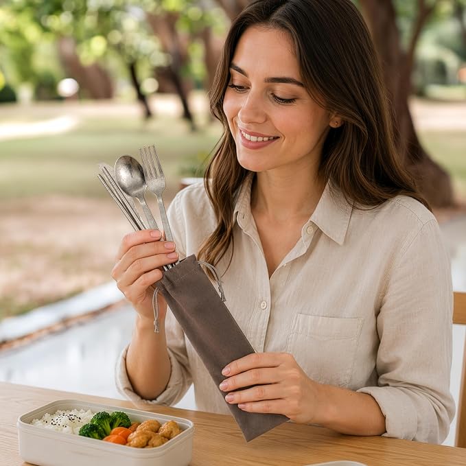 iNKULEER 100% Pure Titanium Travel Cutlery Set | Reusable Utensils with Metal Case | Portable Silverware for Camping, Office, Travel & Outdoor Dining