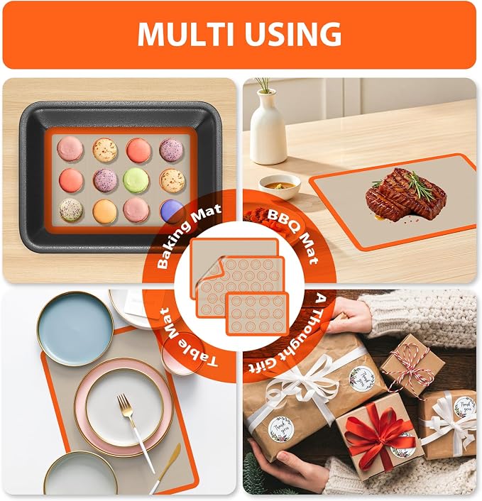 Macaron Silicone Baking Mats, Nonstick & Reusable, 3 PCS | 2 Half Sheets and 1 Quarter Sheet Mat, Easy to Clean, Silicone Macaroon Mat for Cookie, Orange