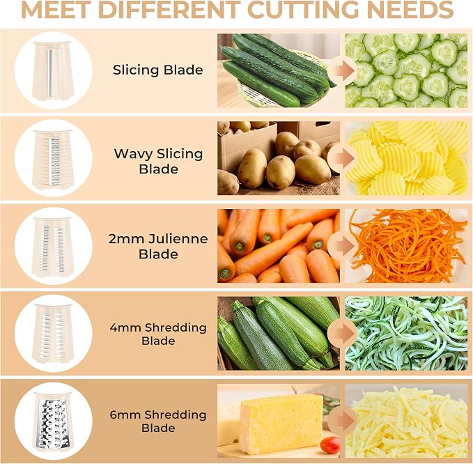 SUSTEAS Rotary Cheese Grater 5 Blades,Kitchen Mandoline Vegetable Slicer | Beige, Easy to Clean, Strong Suction Base, 5 Blades Storage Box, Round Mandoline Slicer & Food Chopper for Salad