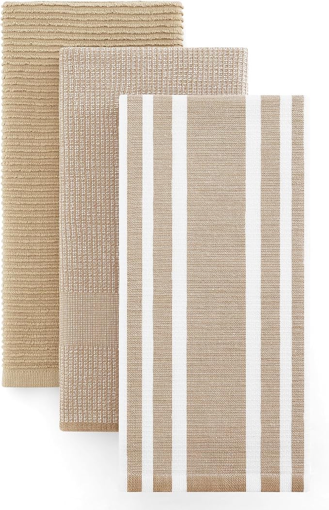 Homaxy Cotton 380 GSM Premium Kitchen Towels, 18"x 28", 3 Pack, Khaki | Soft and Absorbent Terry Dish Towels, Multipurpose Tea Towel Set with Hanging Loop, 3 Styles Kitchen Hand Towels
