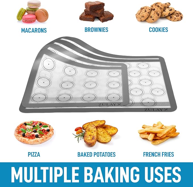Zulay (Set of 4) Silicone Baking Mat - Macaron Silicone Baking Mats With Pre-printed Template Design - Non Stick & Reusable Silicone Baking Sheet - 2 Half Size + 2 Quarter Size (Gray)