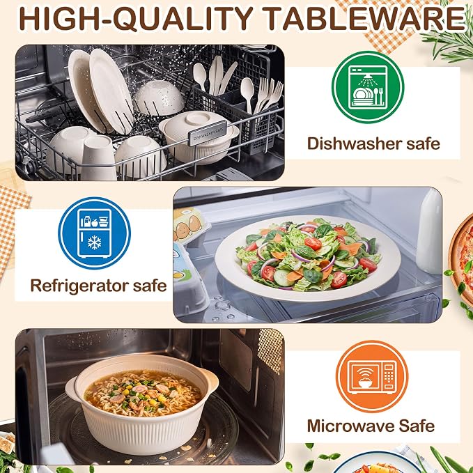 LemonRoad College Dorm Dishes Essential Kit 2 Sets Plastic Plates and Bowls 1 Set 40oz Microwave Cooker Ramen Bowl with Chopstick Spoon Fork Picnic Dinnerware Camping Set for College Dorm Room(Beige)