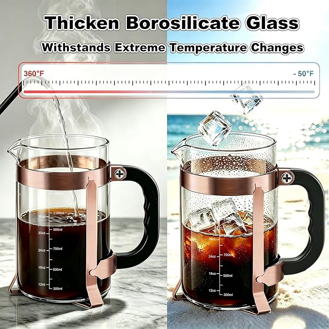 QUQIYSO French Press 51oz,Large French Press Thickened Glass Coffee Press | French Press Stainless Steel,Large Capacity Coffee Maker,Easy to Clean,4 Filter,Suitable for Party Home Office(Copper)
