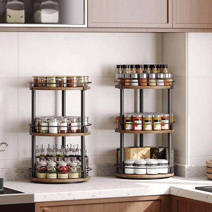 Spice Rack, Set of 2 Lazy Susan Organizer, 3-Tier Turntable Organizer For Cabinet, Compact and Versatile, for Kitchen Countertop, Rustic Brown SR23L2BR
