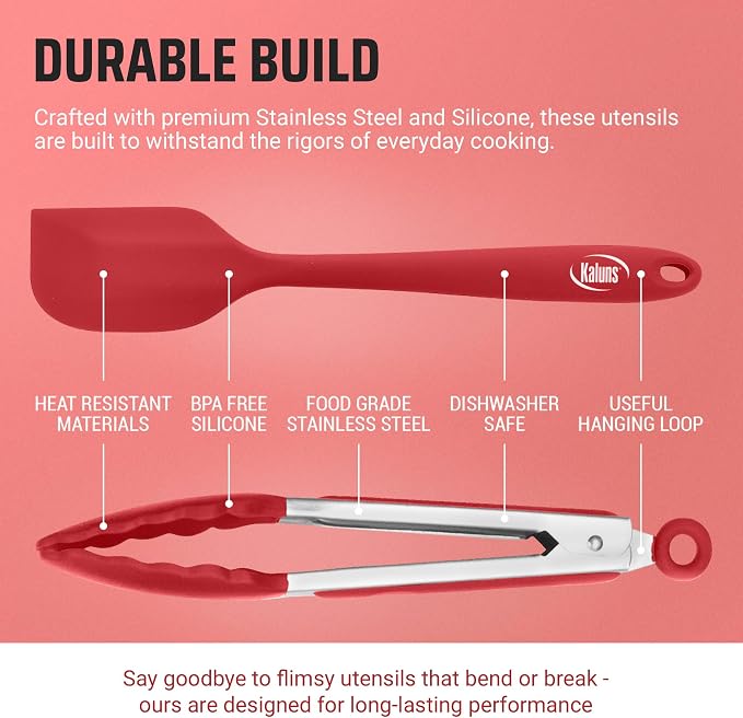 Kaluns Kitchen Tongs for Cooking Grilling Set of 4, BBQ Grill Tongs With Silicone Tip Stainless Steel Heat Resistant, Non-stick Pull Lock, Incl 7, 9, 12 Inch Tong Plus a Silicone Spatula