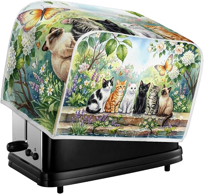 Cats Floral Print Bread Machine Cover 4 Slice Wide Slot Toaster Dust Covers Butterfly Print Protective Cover for Kitchen