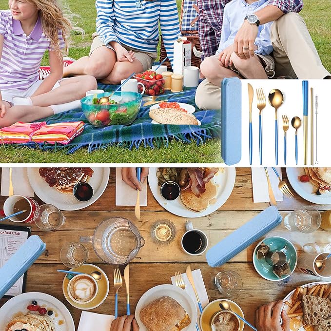 AARAINBOW 8 Pieces Stainless Steel Flatware Set Portable Reusable Cutlery Set Travel Utensils Set Including Chopsticks Knife Fork Spoon Straws Cleaning Brush Dishwasher Safe (Blue Golden)