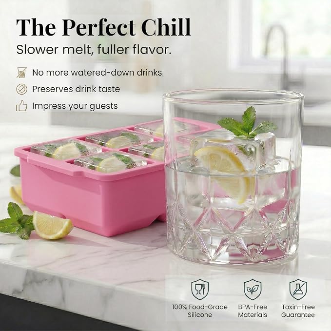 KitchFort® Large Silicone Ice Cube Tray (2-Pack) - 2" Big Ice Mold with Lid | Easy Release, Cocktail, Whiskey Ice Cubes Mold - Food Grade - Ice Cube Trays for Freezer - Stackable Silicone Ice Tray