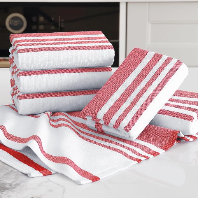 Homaxy Premium Cotton Stripe Kitchen Towels 3 Pack, 18"x 28", Red | Large 380 GSM Kitchen Hand Towels, Soft Terry Dish Towels, Highly Absorbent Tea Towel Set with Hanging Loop