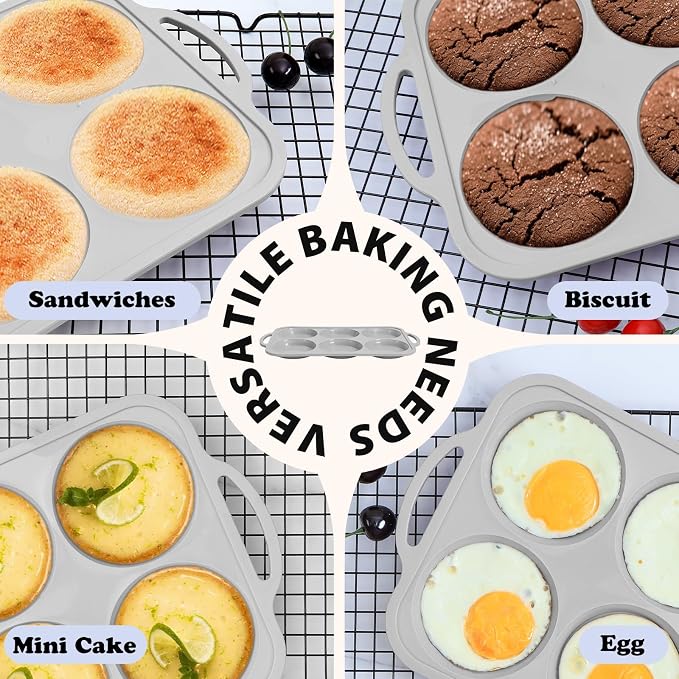 4 Inch Jumbo Silicone Muffin Top Pan with Frame Non Stick Egg Mold Baking | Silicone Egg Mold for Oven, Large Whoopie Pie Baking Pan with Handle for English Breakfast Sandwich Egg Bite Bun Tart Vnray