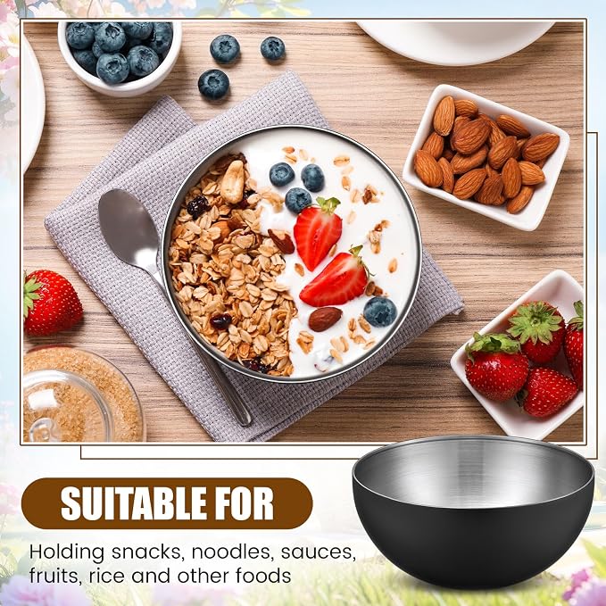 Nuogo 10 Pcs Black Bowls 5.9 Inch Stainless Steel Mixing Bowls Decorative Esthetician Bowl for Facial Metal Serving Bowl for Holiday Birthday Party Wedding Baking Prepping Salad Fruit Soup
