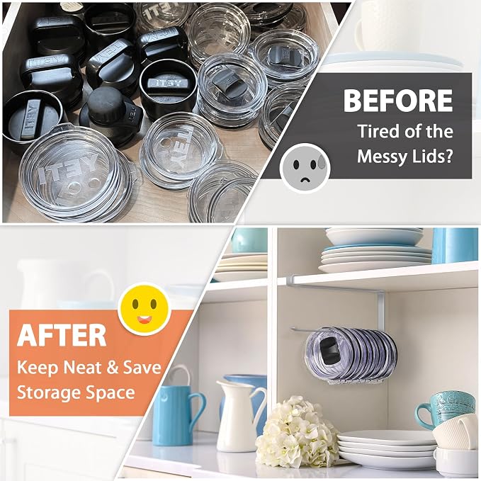 Tumbler Lid Organizer, Versatile Tumbler Lid Storage Holds 10 Lids, Grey | Space Saving Cup Lid Organizers Inside Cabinet Tumbler Lid Hook for Kitchen Organizer and Storage, Paper Towel Rack Hanger