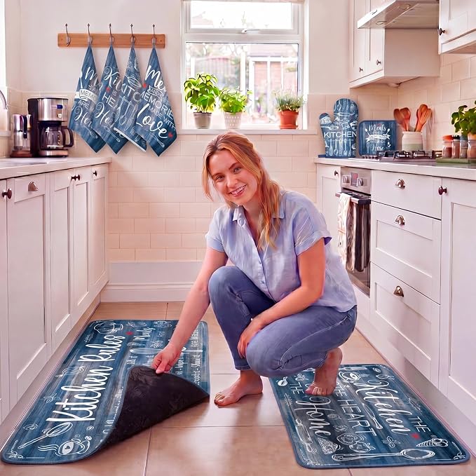 Fourluoo 10 Pcs Blue Kitchen Decor and Accessories Oven Mitts and Pot Holders Sets Farmhouse Dish Towels Blue and Gray Kitchen Rugs Mats for Home Baking Cooking Birthday Summer Decorations Women Gifts