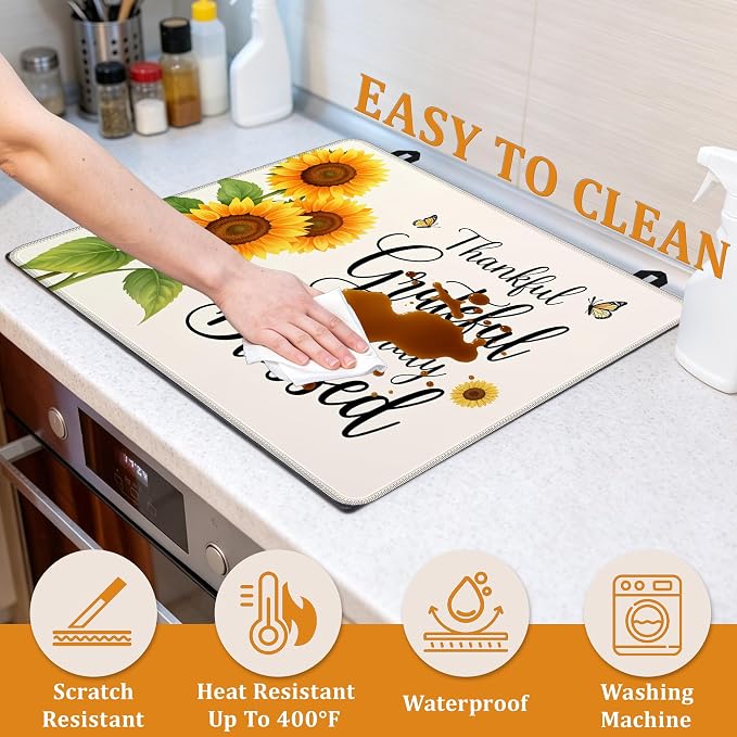 Sunflowers Glass Top Stove Cover Protector,Thankful Grateful Stove Top Covers for Electric Stove,Washable Heat Resistant Cooktop Mat Anti-Slip Range Covers, 28 x 20 Inch
