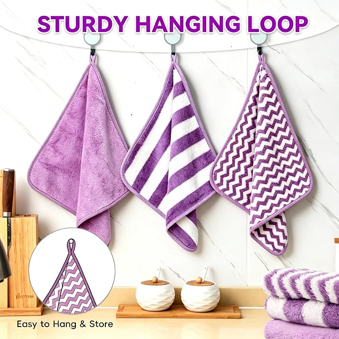 Microfiber Cleaning Cloths, 6 Pack Purple Kitchen Towels | 12x12 Inch, Ultra Soft Absorbent, Lint Free Dish Towels with Hanging Loop, Reusable for Kitchen, Car & Household