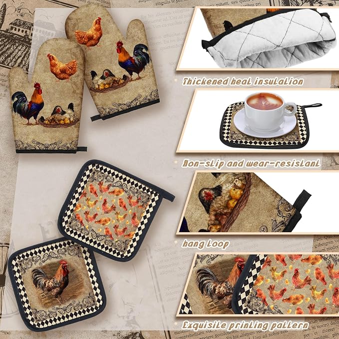 Fourluoo 10 Pcs Rooster Chicken Kitchen Dish Towels Rugs Oven Mitts and Pot Holders Sets Farmhouse Rustic Rooster Kitchen Decor Set for Cooking Baking Grilling Women Mom Gift(Black, White)