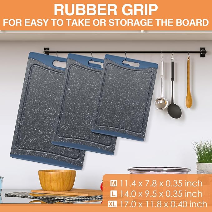 Extra Large Cutting Boards, Plastic Cutting Boards for Kitchen (Set of 3) Cutting Board Set Dishwasher Chopping Board with Juice Grooves Easy-Grip Handles, Prussian Blue, Empune